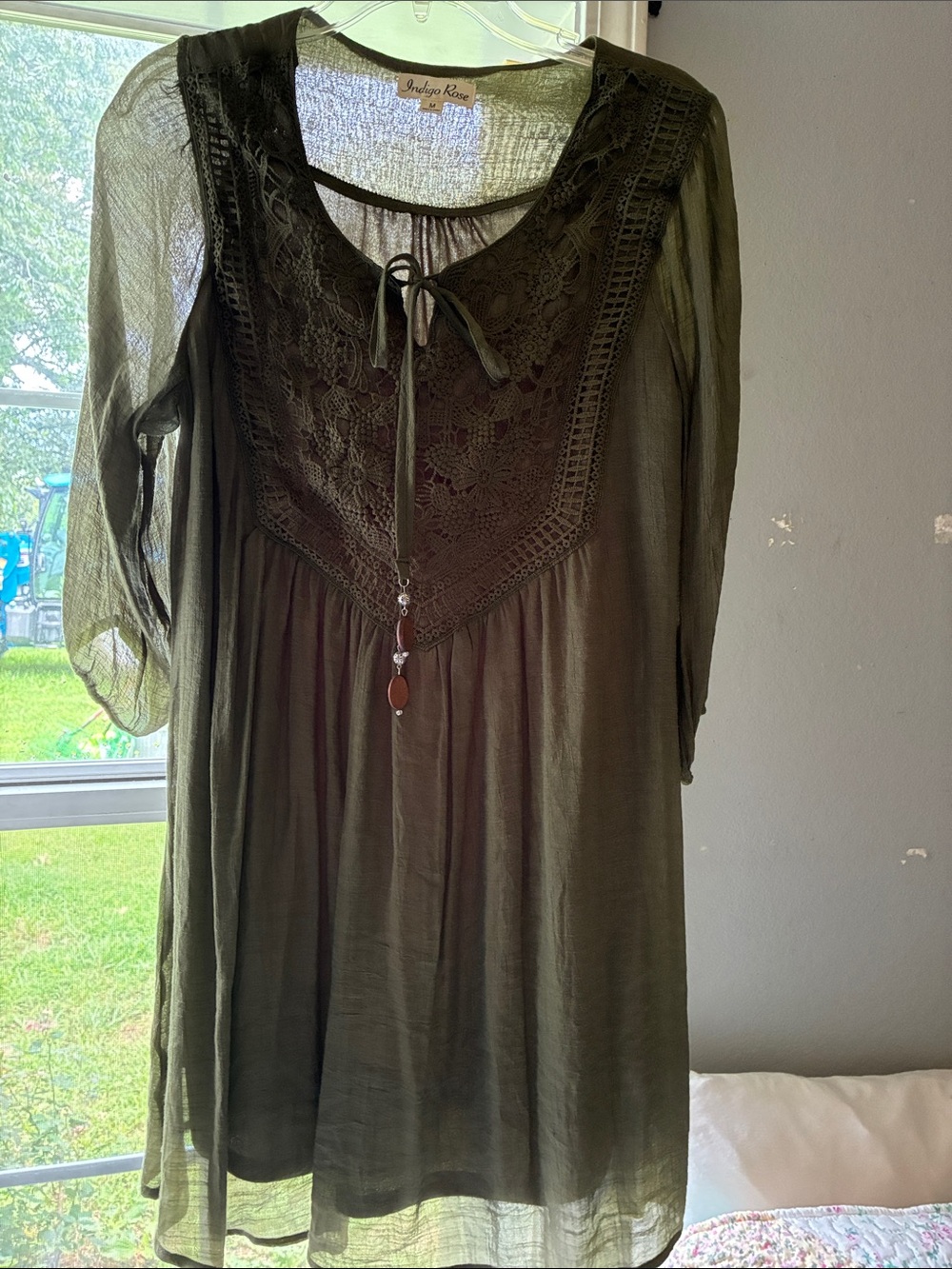 Olive Lace-Trim Peasant Dress NWOT Medium